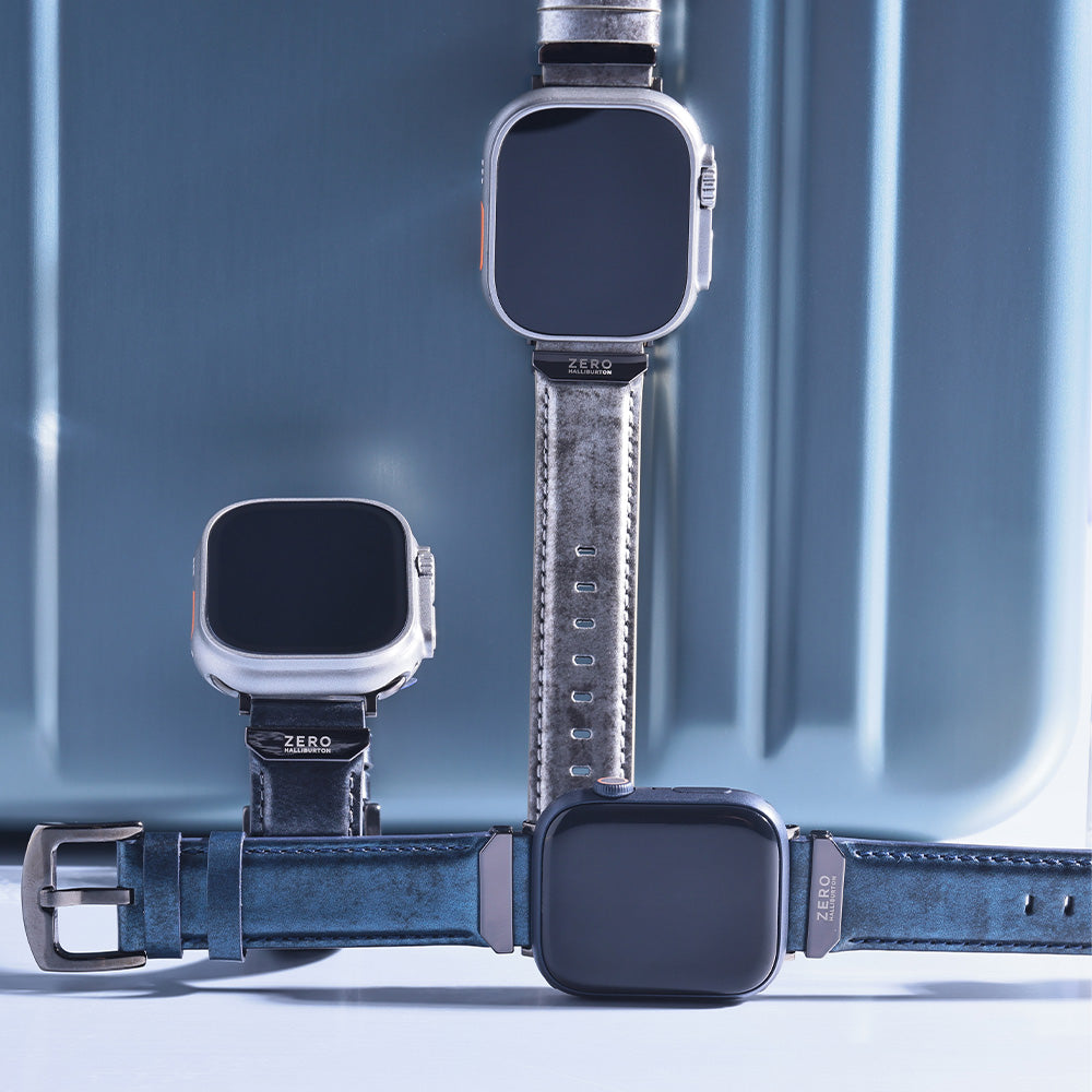 For Apple Watch (49/46/45/44mm)ZERO HALLIBURTON Leather WatchBand (Steel Blue)