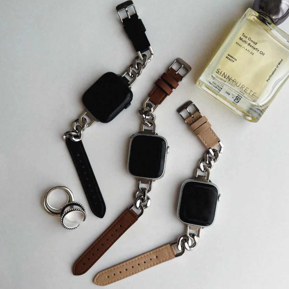 【Apple Watch38/40/41/42(S10)mm】Leather Chain Band for Apple Watch (BLACK)